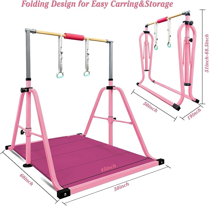 GLANT Gymnastics Bar for Kids with Rings Set, 7 Heights Adjustable Easy Folding Gymnastic Training Bar Kids Monkey Horizontal Bars - Max Load 300LBS