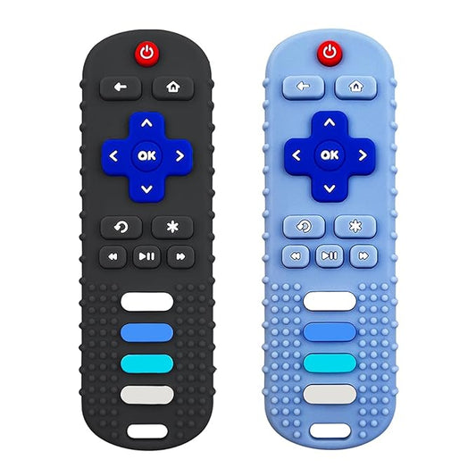 Baby Teething Toys, Food Grade Silicone Teether for Babies 3 6 12 18 Months, TV Remote Shape Toddlers Chew Toys, Freezer BPA Free (Black+Blue)