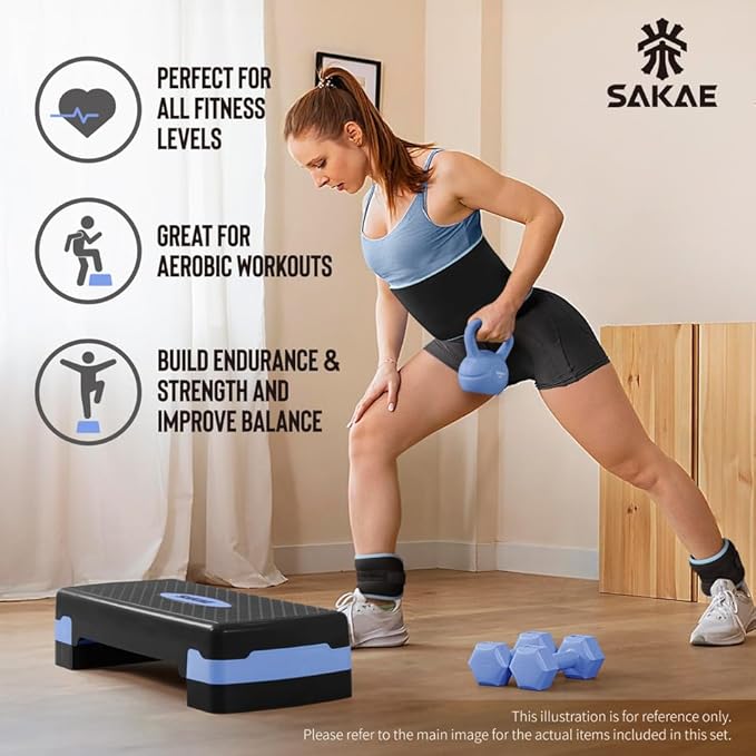 SAKAE Step Aerobics Platform Set with Kettlebell & Measuring Tape, Aerobic Steppers for Exercise at Home, Adjustable Height 2 Level Risers Workout Step Trainer with Non-Slip Surface, Multiple Colors