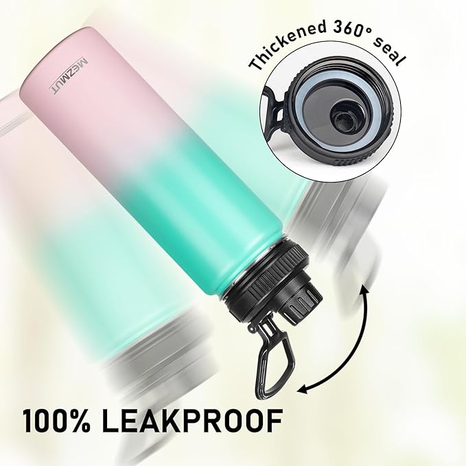 MEZMUT Insulated Water Bottle 24oz Stainless Steel Water Bottles with Straw&2 Lids Sports Metal Water Bottle Cup Double Walled Vacuum Insulated Bottles Leak-Proof Travel (Gradient Green Pink)