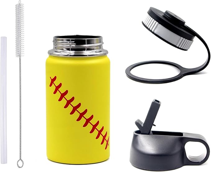 12 oz Softball Water Bottle, Wide Mouth Sports Flask Metal Travel Tumbler with 2 Lids, Stainless Steel Double Wall Vacuum Insulated Leak Proof Thermo Water Bottles, Softball Stuff Gifts for Mom Girls