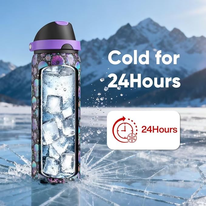 ENCOOL Insulated Water Bottle with Straw Stainless Steel Water Bottle with Push Button Lid, Leak-Proof & BPA-Free, Keeps Cold for 24 Hours for Sports, Travel, Gym (32 oz, Floral Afterlife)