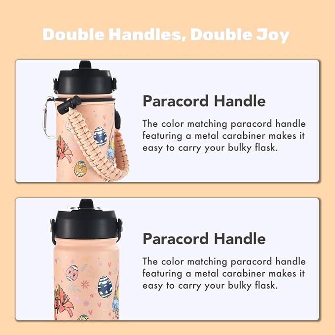 mininoo Water Bottle with Straw Lid, 24 oz Insulated Stainless Steel Double Wall Vacuum, Gifts, Cute Bunny & Egg(Peach Fuzz)