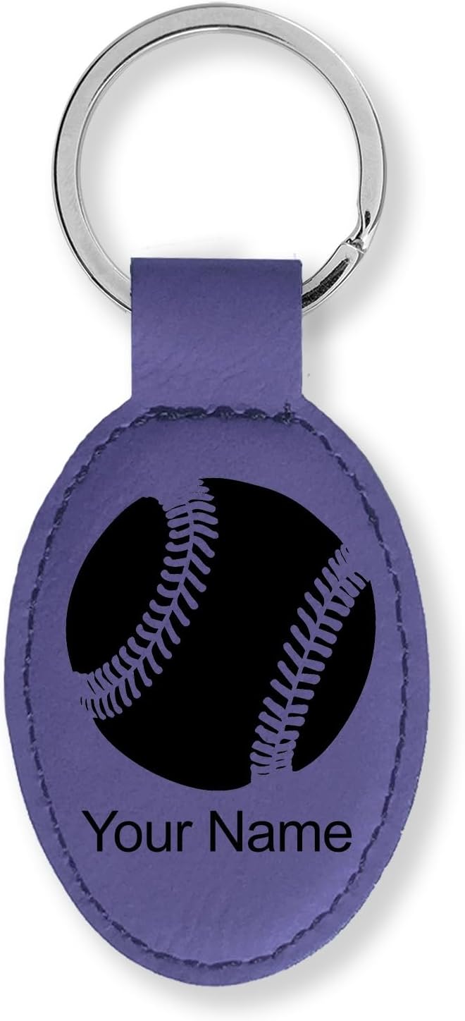 LaserGram Oval Keychain, Baseball Ball, Personalized Engraving Included (Dark Purple)