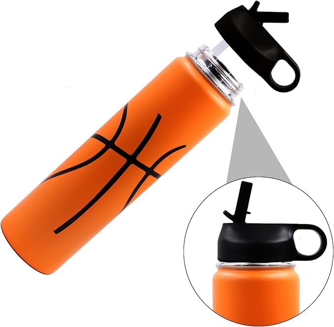 25 oz Basketball Water Bottle, Sports Flask Metal Travel Tumbler with 2 Lids, Stainless Steel Double Wall Vacuum Insulated Thermo Water bottles, Basketball Accessories Stuff Gifts for Mom Boys Girls