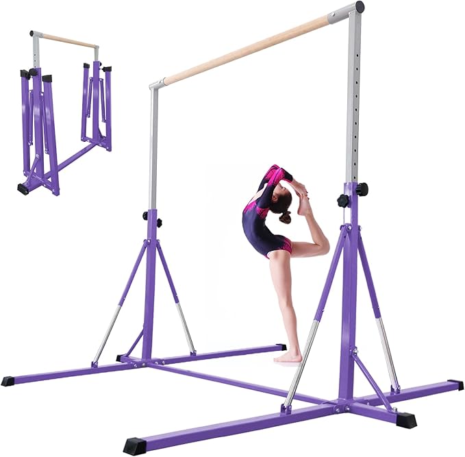 Gymnastics Bar, 5'10” Base length 45" to 71" Adjustable Horizontal Bar for Serious Training, 500 LBS Capacity, Professional Home Gym Equipment with Competition-Grade Beech-covered Fiberglass Bar