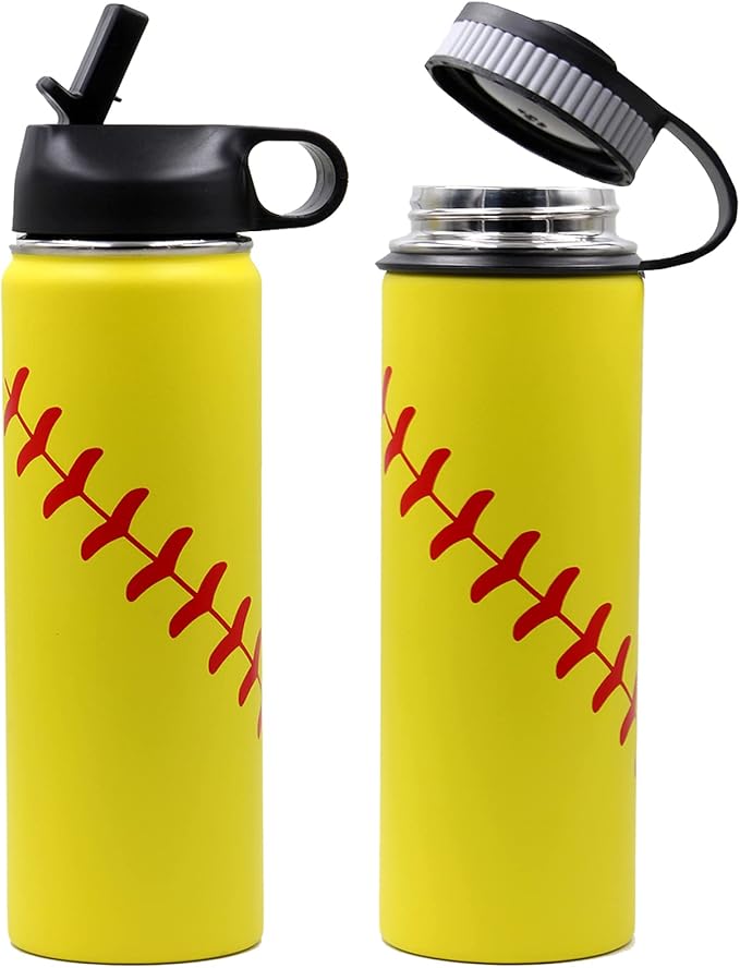 22 oz Softball Water Bottle, Wide Mouth Sports Flask Metal Travel Tumbler with 2 Lids, Stainless Steel Double Wall Vacuum Insulated Leak Proof Thermo Water Bottles, Softball Stuff Gifts for Mom Girls