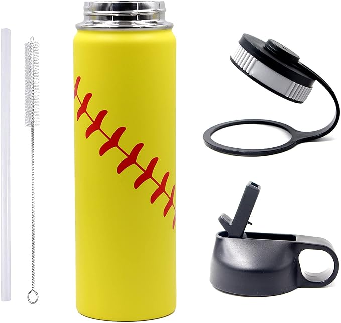 22 oz Softball Water Bottle, Wide Mouth Sports Flask Metal Travel Tumbler with 2 Lids, Stainless Steel Double Wall Vacuum Insulated Leak Proof Thermo Water Bottles, Softball Stuff Gifts for Mom Girls