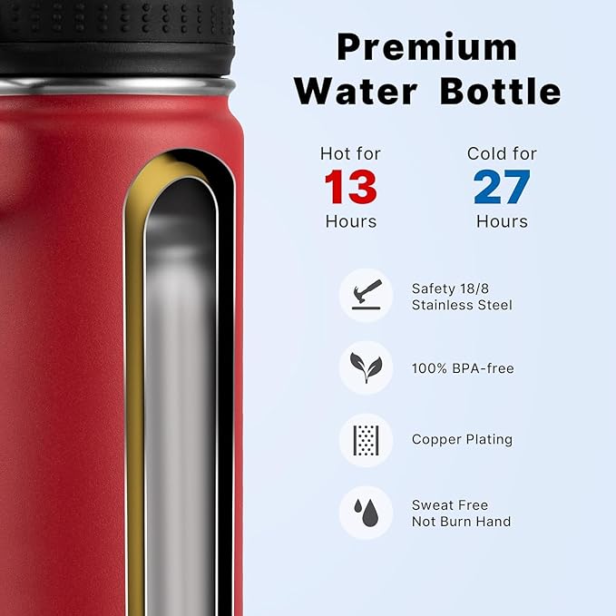 koodee Insulated Water Bottle, 22 oz Stainless Steel Double Wall Vacuum Wide Mouth Sport Bottle with Leakproof Spout Lid (Canyon Red)
