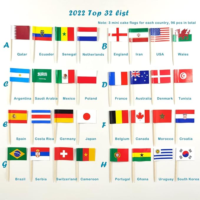 JBCD 2022 World Cup Toothpick Flag Mini Small World Cup Top 32 Soccer Cupcake Topper Flags, 96 pcs