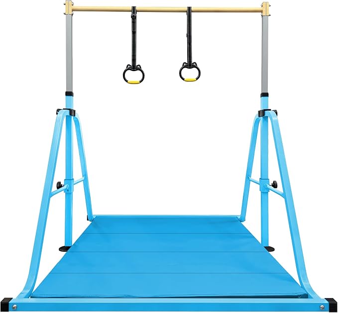 Foldable Gymnastics Kip Bar with Mat and Ring Set,3' to 5' Height Adjustable,Kids Gymnastic Equipment for Ages 3-15,Indoor and Home Training- Max Load 350LBS