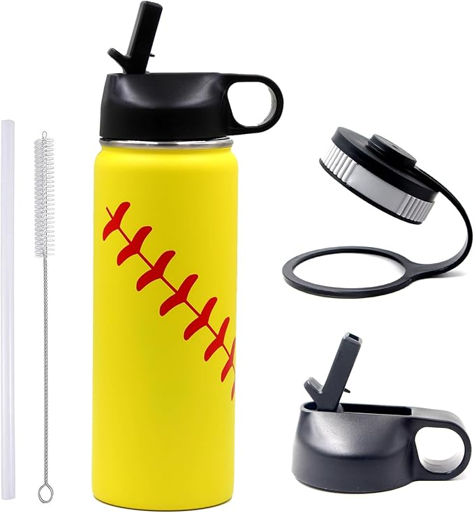 18 oz Softball Water Bottle, Wide Mouth Sports Flask Metal Travel Tumbler with 2 Lids, Stainless Steel Double Wall Vacuum Insulated Leak Proof Thermo Water Bottles, Softball Stuff Gifts for Mom Girls