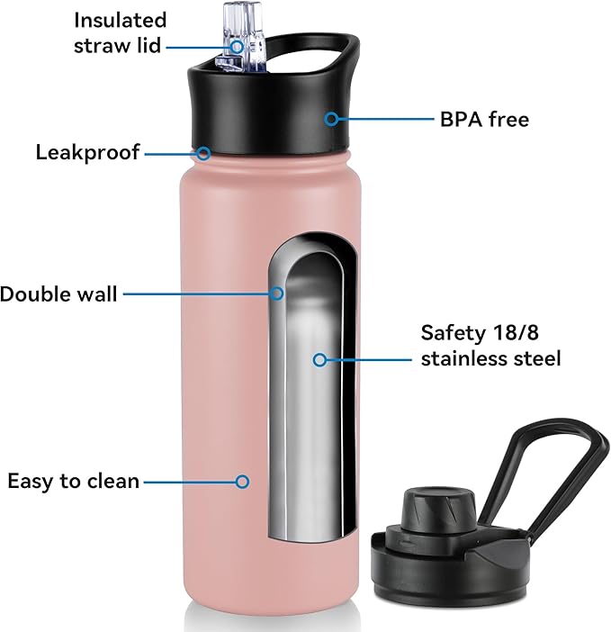 VEGOND 32 oz Insulated Water Bottle Stainless Steel Metal Water Bottles with Leak Proof Straw Lid & Spout Lid, Wide Mouth Double Walled Vacuum Travel Sports Bottle, Pink