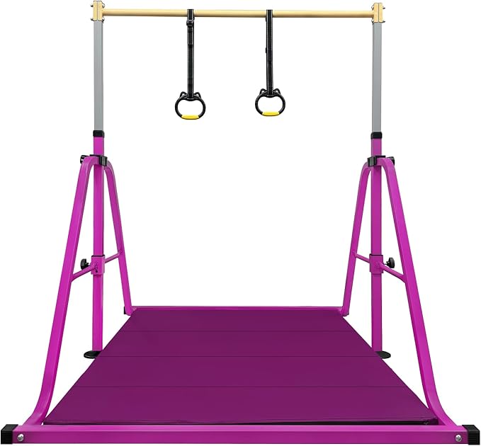 Foldable Gymnastics Kip Bar with Mat and Ring Set,3' to 5' Height Adjustable,Kids Gymnastic Equipment for Ages 3-15,Indoor and Home Training- Max Load 350LBS