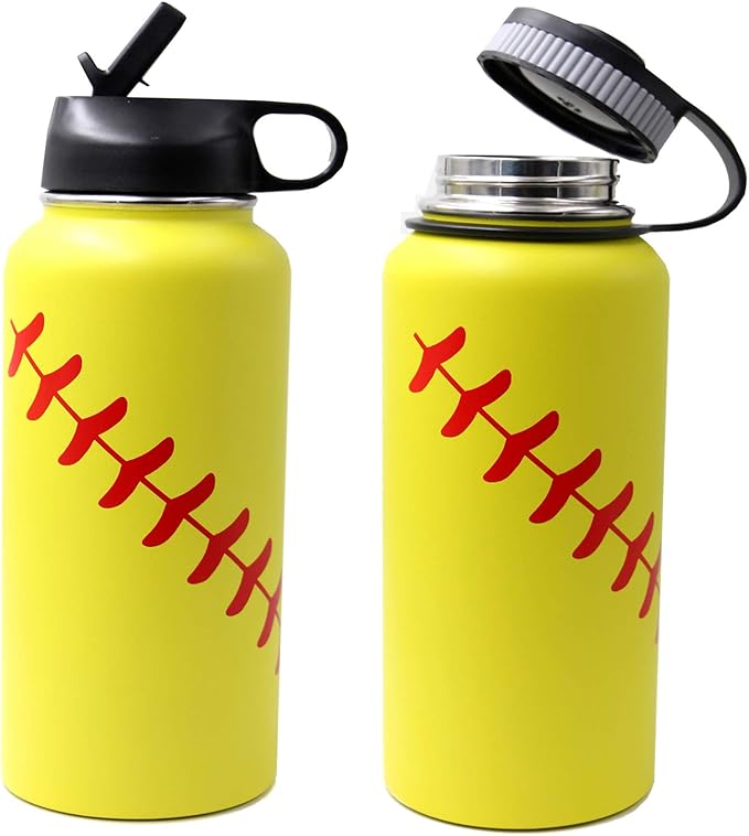 32 oz Softball Water Bottle, Wide Mouth Sports Flask Metal Travel Tumbler with 2 Lids, Stainless Steel Double Wall Vacuum Insulated Leak Proof Thermo Water Bottles, Softball Stuff Gifts for Mom Girls