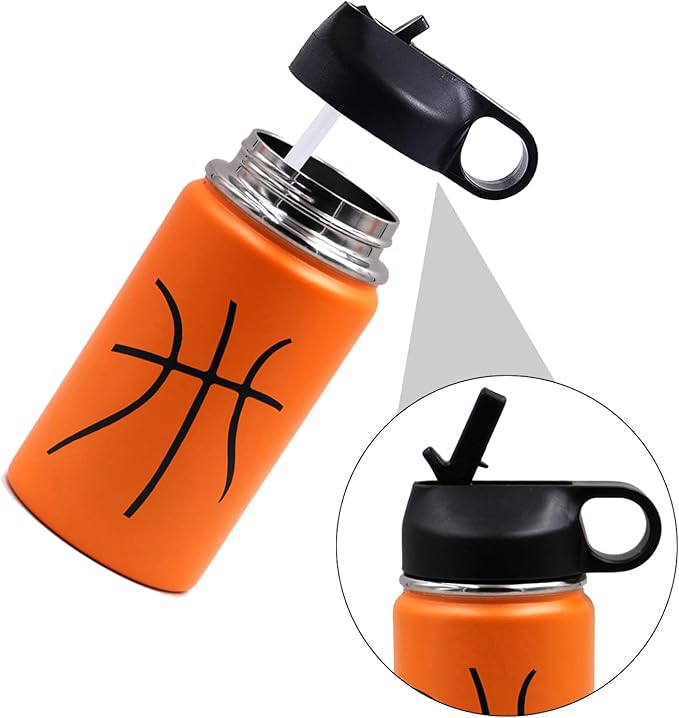12 oz Basketball Water Bottle, Sports Flask Metal Travel Tumbler with 2 Lids, Stainless Steel Double Wall Vacuum Insulated Thermo Water Bottles, Basketball Accessories Stuff Gifts for Mom Boys Girls