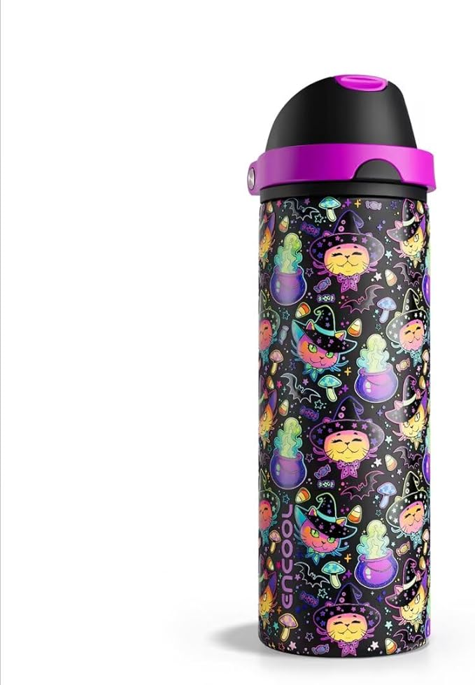 ENCOOL Insulated Water Bottle with Straw Stainless Steel Water Bottle with Push Button Lid, Leak-Proof & BPA-Free, Keeps Cold for 24 Hours for Sports, Travel, Gym (24 oz, Meowgic Night)