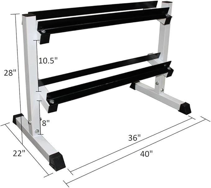 Ader 10 Pair Black Rubber Dumbbells 2, 3, 5, 8,10,12,15,20,25,30lbs with 2 Tier 36 inch Rack