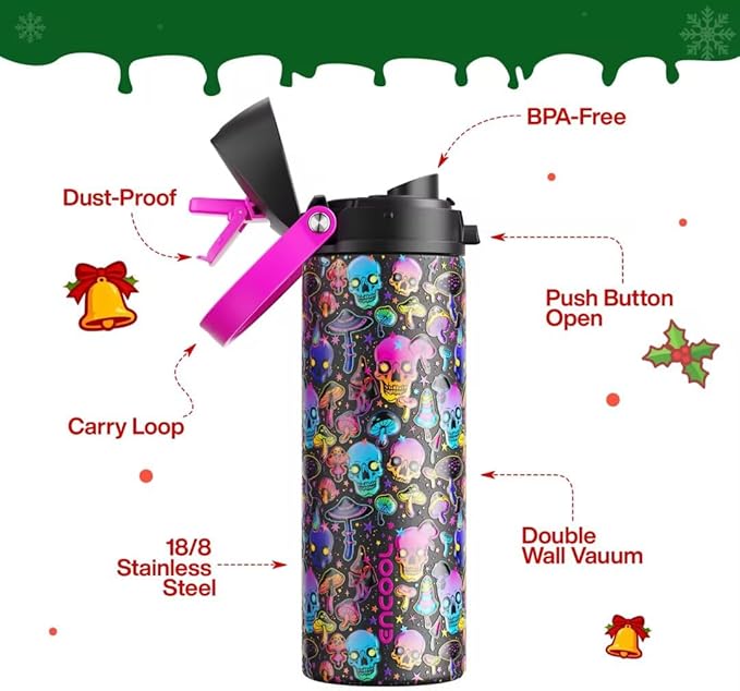 ENCOOL Insulated Water Bottle with Straw Stainless Steel Water Bottle with Push Button Lid, Leak-Proof & BPA-Free, Keeps Cold for 24 Hours for Sports, Travel, Gym (24 oz, Trippy Skulls)