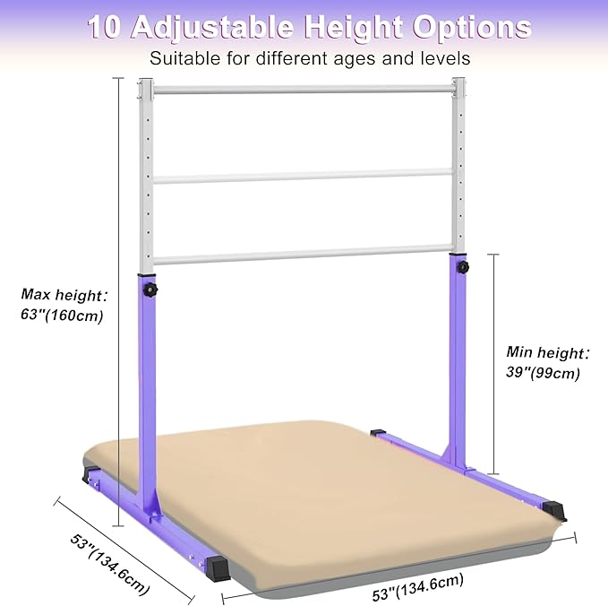 Gymnastics Bar for Kids Ages 3-15, 3' to 5' Adjustable Height, Gymnastic Kip Bar Horizontal Bar for Gymnas, Anti-Slip and Easy to Assemble, Home Gym Equipment Indoor for Girls, Boys