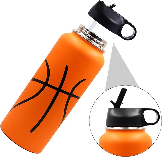 40 oz Basketball Water Bottle, Wide Mouth Sports Flask Metal Travel Tumbler with 2 Lids, Stainless Steel Double Wall Vacuum Insulated Thermo Water Jug, Basketball Accessories Gifts for Boys Girls