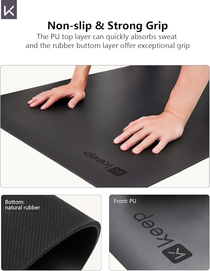 KEEP Rubber Yoga Mat - Professional Sweat Absorbent PU & Natural Rubber. Non Slip Workout Mats for Women & Men, 5mm Thick, 74"x26" Extra Long Wide Pad for Hot Yoga, Pilates, HIIT, Home Gym - Strap Included