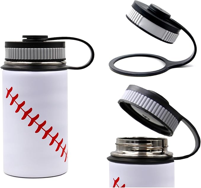 12 oz Baseball Water Bottle, Sports Flask Metal Travel Tumbler with 2 Lids, Stainless Steel Double Wall Vacuum Insulated Leak Proof Thermo Water Bottles, Baseball Accessories Gifts for Mom Boys Girls