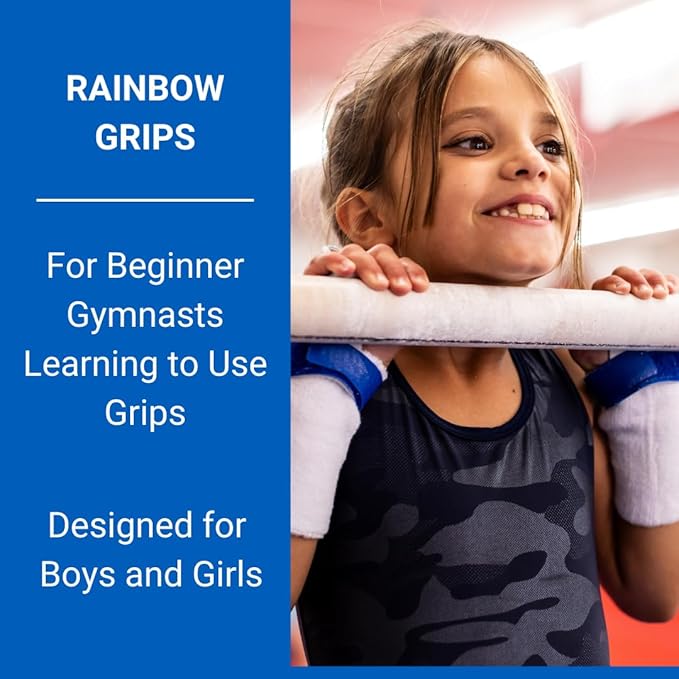 Gibson Athletic Rainbow Gymnastics Grips for Beginners, Unisex Durable Leather Grip, Hook & Loop Closure for Secure Grip & Wrist Support, Athletic Grip & Hand Protection for Young Gymnasts Made in USA