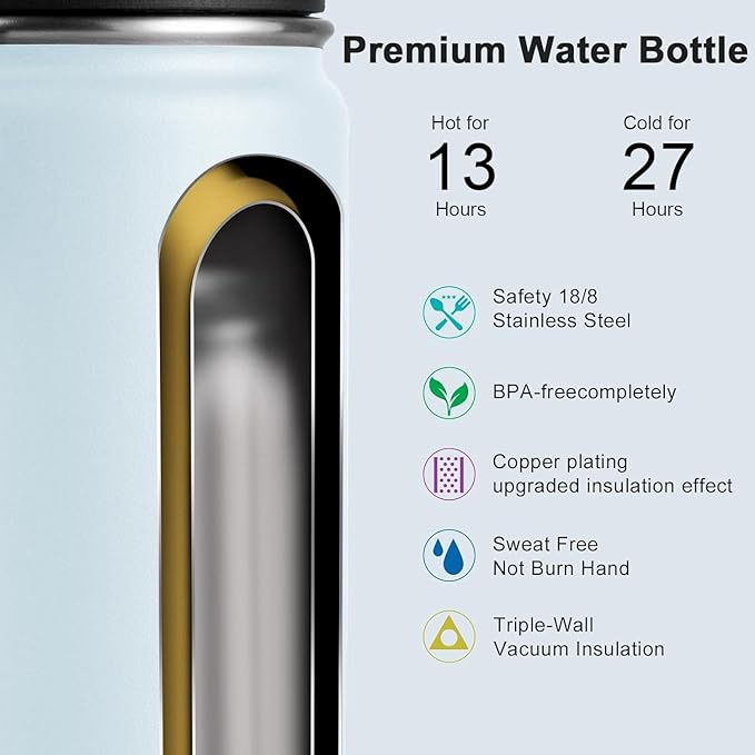 koodee Insulated Water Bottle, 22 oz Stainless Steel Double Wall Vacuum Wide Mouth Sport Bottle with Leakproof Spout Lid （Bby Blue）