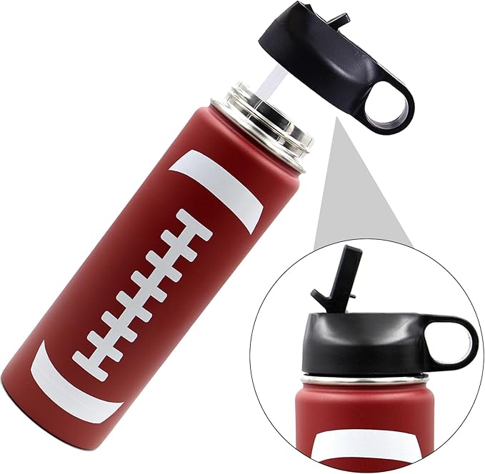 22 oz Football Water Bottle with Straw, Sports Flask Metal Travel Tumbler with 2 Lids, Stainless Steel Double Wall Vacuum Insulated Leak Proof Thermo Water Bottles, Football Gear Gifts for Boys Girls