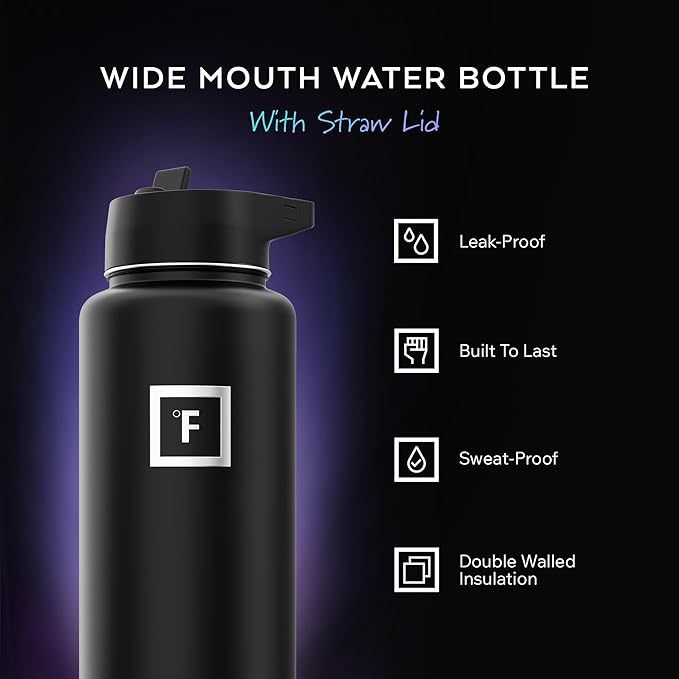 IRON °FLASK Camping & Hiking Hydration Flask with Straw, Wide Mouth Insulated Stainless Steel Sports Water Bottle - 40 oz Bubble Gum