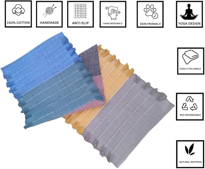 Indian Handmade100 % Organic Anti Skid Multi Colour Cotton Yoga Mat - Eco-Friendly Hand-Woven Rug - Non-Slip & Thick (24”x72”x5mm) for Hot yoga & Everyday Fitness at Home - Comfortable & Foldable Extra-Long Mat