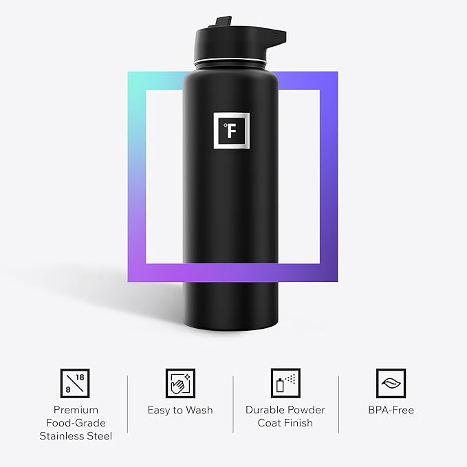 IRON °FLASK Camping & Hiking Hydration Flask with Straw, Wide Mouth Insulated Stainless Steel Sports Water Bottle - 40 oz Bubble Gum