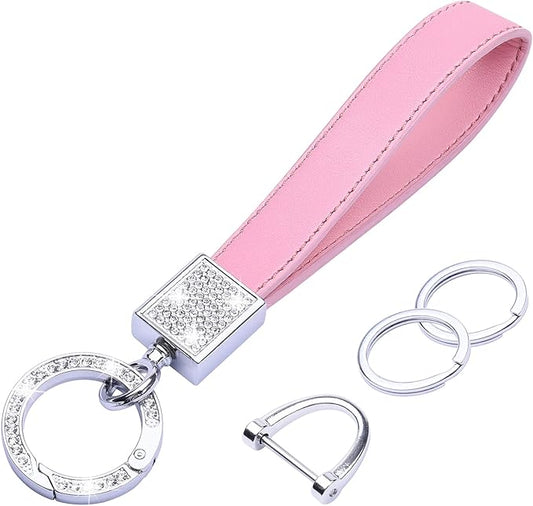 Wisdompro Genuine Leather Car Keychain, Bling Key FOB Holder Leather Loop Keychains for Women Girls with Crystal Rhinestones and 2 Keyrings - Pink