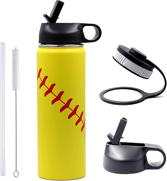 22 oz Softball Water Bottle, Wide Mouth Sports Flask Metal Travel Tumbler with 2 Lids, Stainless Steel Double Wall Vacuum Insulated Leak Proof Thermo Water Bottles, Softball Stuff Gifts for Mom Girls
