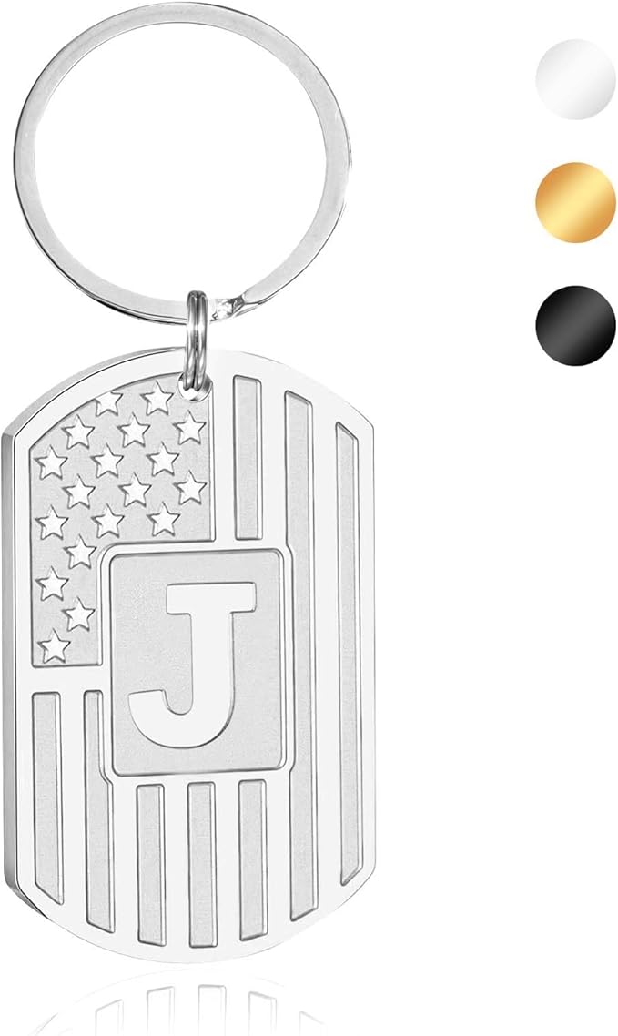 Stocking Stuffers Christmas Gift- Initial Keychain Gifts for Men,A-Z Letter American Flag Keychain Mens Gifts