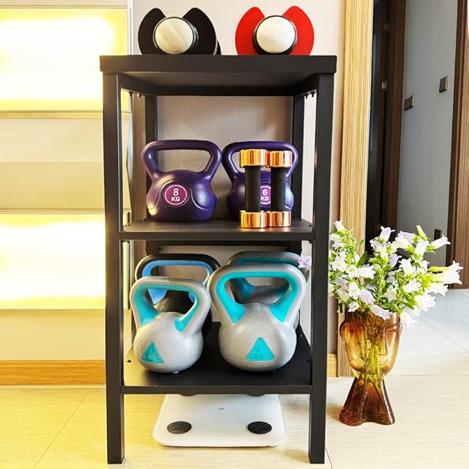 Black Heavy Duty Adjustable Dumbbell Stand & Kettlebell Stand - Adjustable Dumbbell Weight Rack, Weight Stand for Dumbbells, Weight Rack for Home Gym with Non-Slip Base, Anti-Tip Safety & Space-Saving Design
