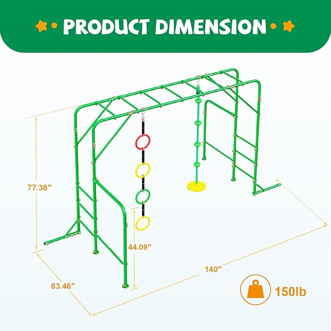Outdoor Monkey Bars for Kids,Metal Swing Sets for Backyard with 4 Rings Climbing Rope,Monkey Bars Kit with Single Disk Outdoor Climbing Rope with Platforms,Jungle Gym for Playground, Green