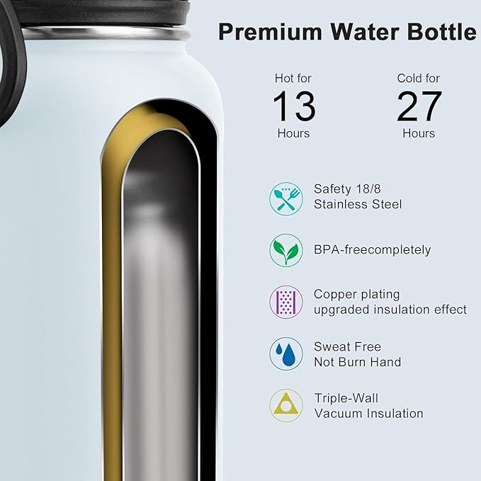 koodee Insulated Water Bottle, 32 oz Stainless Steel Double Wall Vacuum Wide Mouth Sport Bottle with Leakproof Spout Lid （Bby Blue）