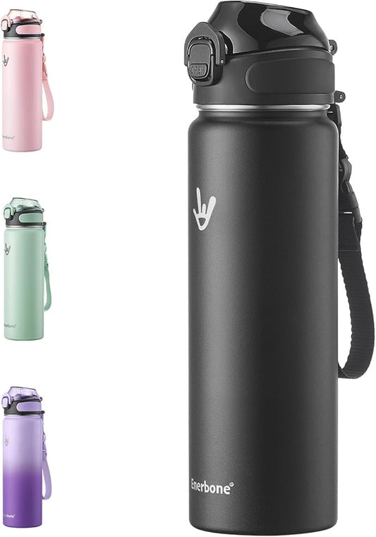 Enerbone 24 oz Insulated Water Bottle, Stainless Steel Bottle with Carrying Strap, Double-Wall Vacuum Insulation Design, Leakproof Sports Bottle with Straw, Keep Drinks Cold or Hot for Hours