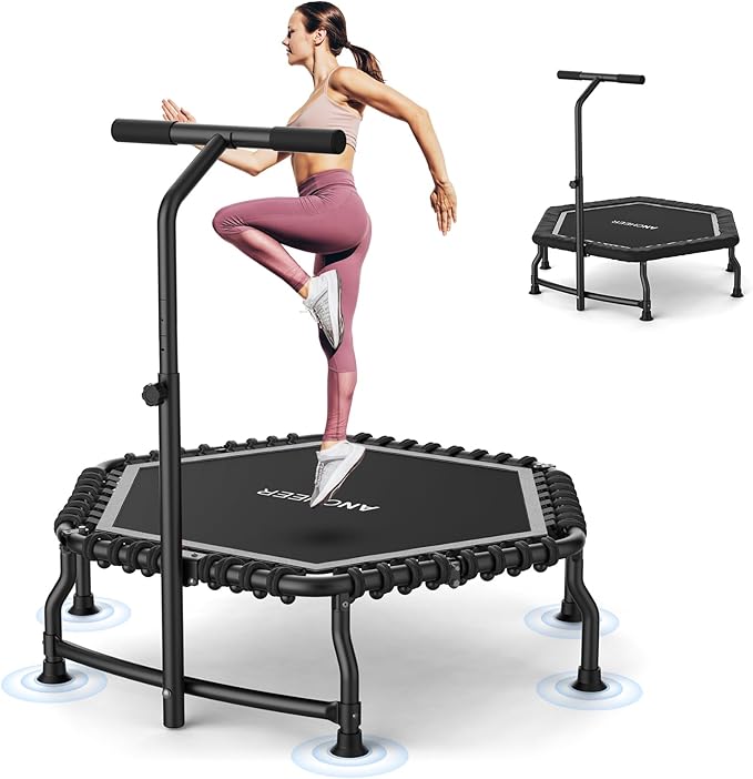 ANCHEER Trampoline, 50'' Rebounder Trampoline for Adult with Bar, Indoor Outdoor Mini Trampoline, 550LBS Fitness Trampoline with Bungee, Jumping Cardio Equipment, Exercise Trampoline at Home Gym