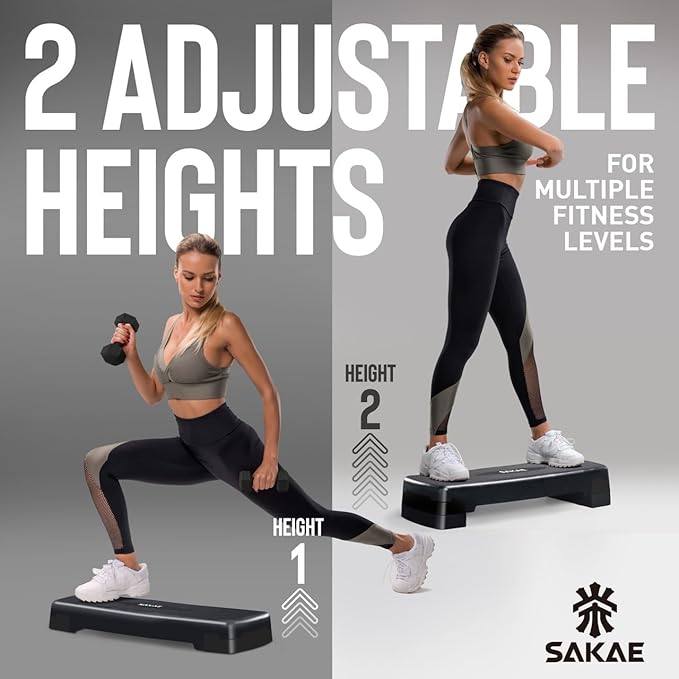 SAKAE Step Aerobics Platform Set with Dumbbells & Measuring Tape, Aerobic Steppers for Exercise at Home, Adjustable Height 2 Level Risers Workout Step Trainer with Non-Slip Surface, Multiple Colors