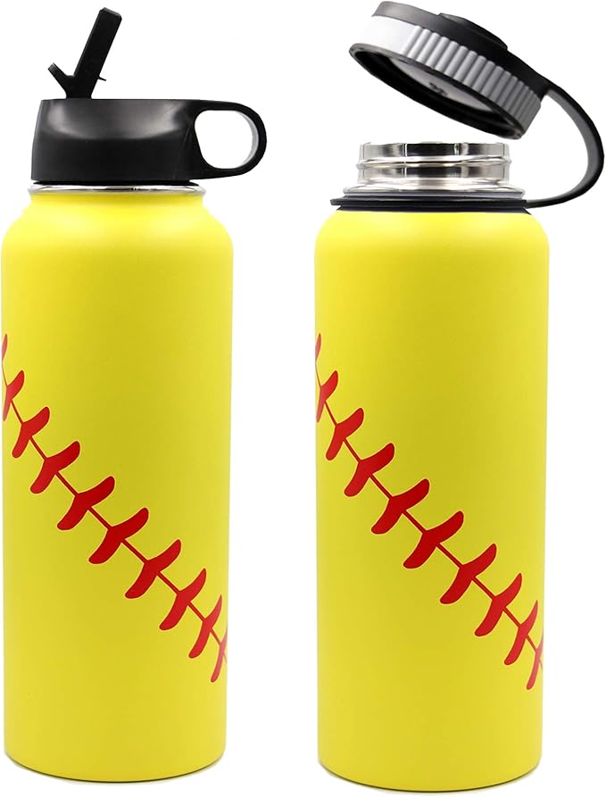 40 oz Softball Water Bottle, Wide Mouth Sports Flask Metal Travel Tumbler with 2 Lids, Stainless Steel Double Wall Vacuum Insulated Leak Proof Thermo Water Jug, Softball Stuff Gifts for Mom Girls