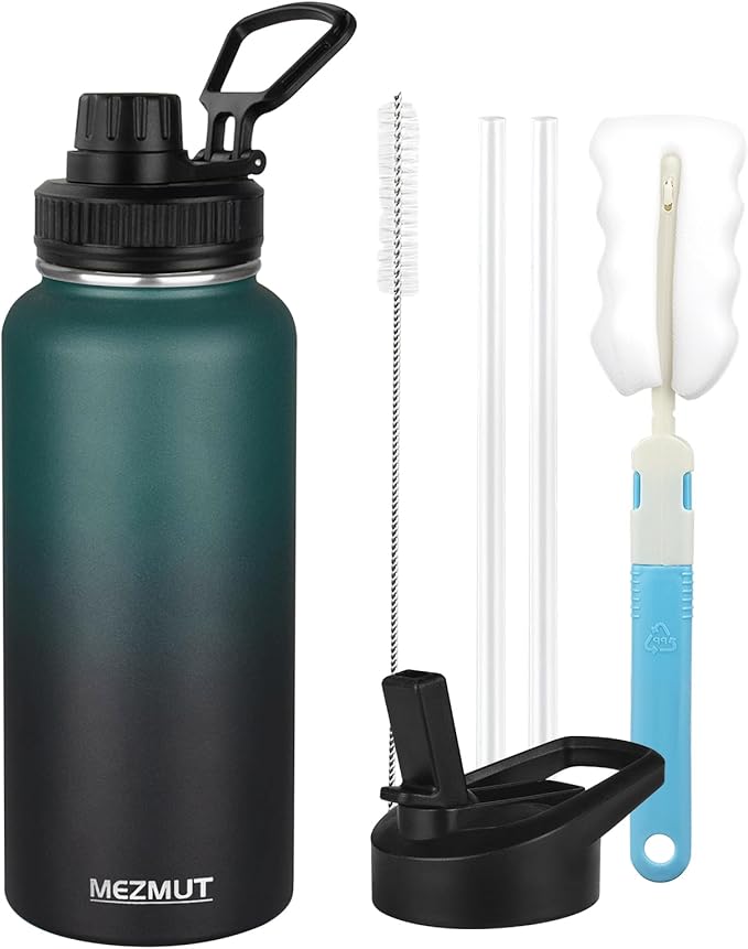 MEZMUT Stainless Steel Water Bottles 32oz Insulated Water Bottle with Straw&2 Lids Double Walled Sports Metal Cups Water Bottle Cup Leak-Proof Vacuum Insulated Bottles Travel (Gradient Green Black)