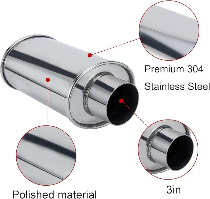 ELSHINE 3'' Ultra Quiet Muffler Resonator 3 in,304 Stainless Steel Exhaust Vibrant Resonator 3in,3'' Inlet & Outlet Universal Performance Muffler Resonators,silver