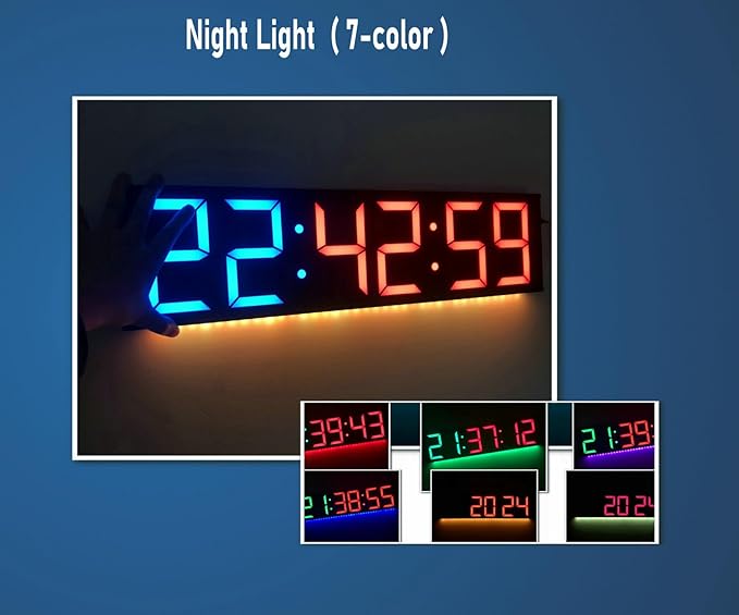 26'' Extra Large Home GYM Timer Clock, Programable Workout Interval Timer, Digital Wall Clock, with 7-color Night Light, 8 Alarm Clocks, Calendar/Temperature, Countdown & Stopwatch (Blue & Red)