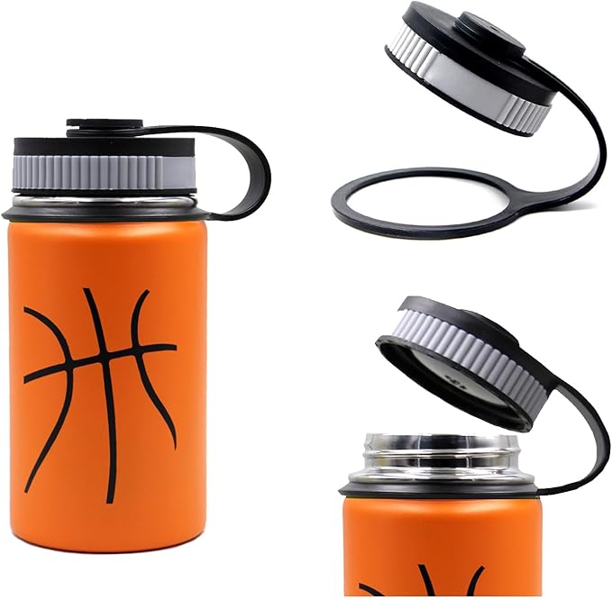 12 oz Basketball Water Bottle, Sports Flask Metal Travel Tumbler with 2 Lids, Stainless Steel Double Wall Vacuum Insulated Thermo Water Bottles, Basketball Accessories Stuff Gifts for Mom Boys Girls