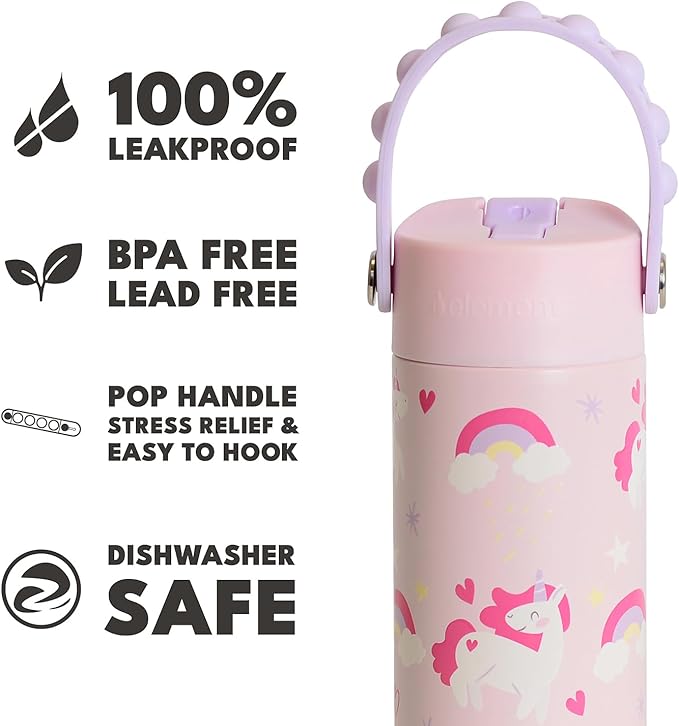 Elemental Insulated Kids Water Bottle, Stainless Steel Water Bottle with Straw Lid & Pop-It Handle, Leak-Proof Water Bottles for School, Boys or Girls, Travelling and Sports, 18oz - Unicorn Magic