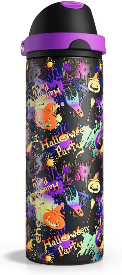 ENCOOL Insulated Water Bottle with Straw Stainless Steel Water Bottle with Push Button Lid, Leak-Proof & BPA-Free, Keeps Cold for 24 Hours for Sports, Travel, Gym (24 oz, Ghost Party)