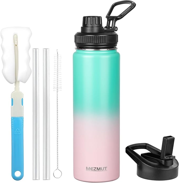 MEZMUT Insulated Water Bottle 24oz Stainless Steel Water Bottles with Straw&2 Lids Sports Metal Water Bottle Cup Double Walled Vacuum Insulated Bottles Leak-Proof Travel (Gradient Green Pink)